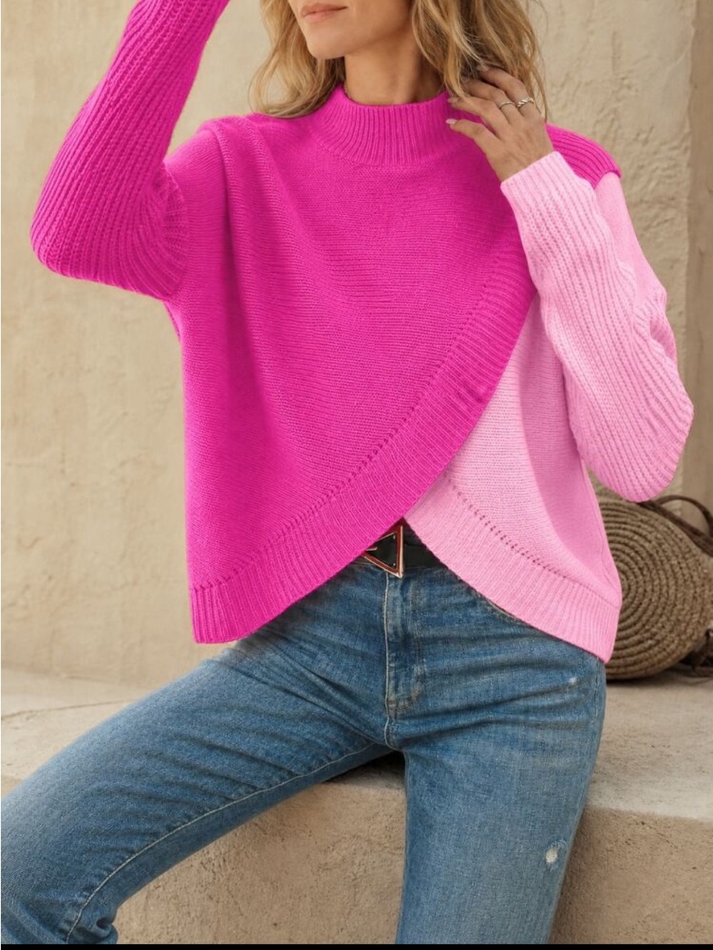 Two-Tone Pink Patchwork Crewneck Sweater